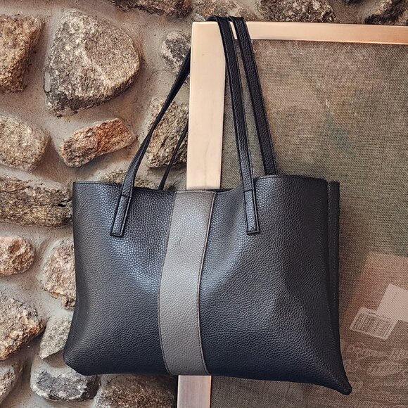 Vince Camuto Black/Gray Pebbled Leather Tote Bag - Picture 8 of 15